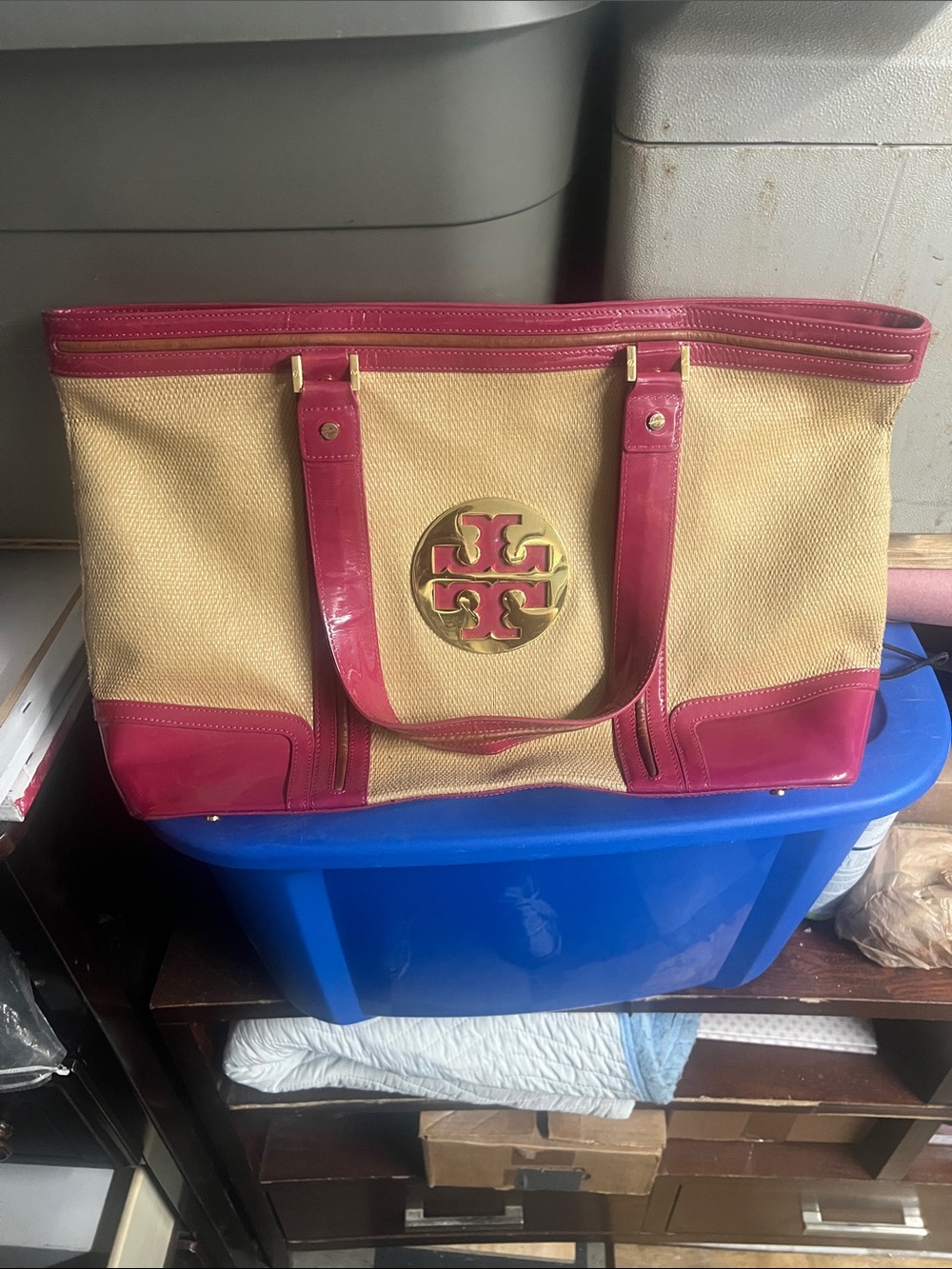 Tory Burch Beige Canvas Tote with Pink Leather Trim & Gold Logo